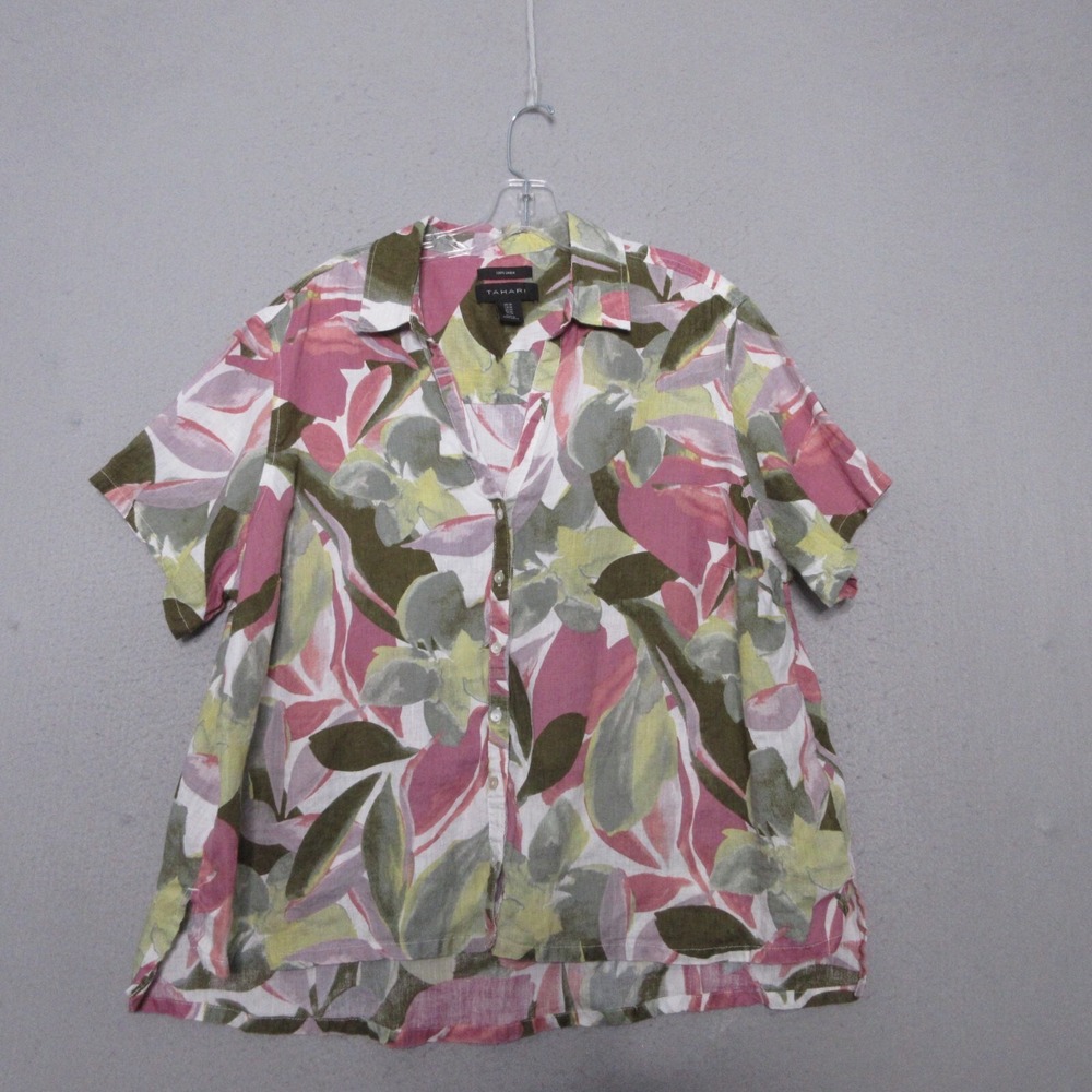 Tahari Top Plus 1X Floral 100% Linen Button Up Lagenlook Relaxed Fit